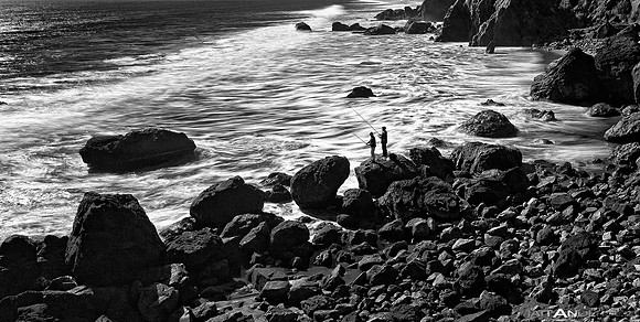 Red Rock Beach - California Coast Fisherman in Black and White by Matt Anderson by matt anderson